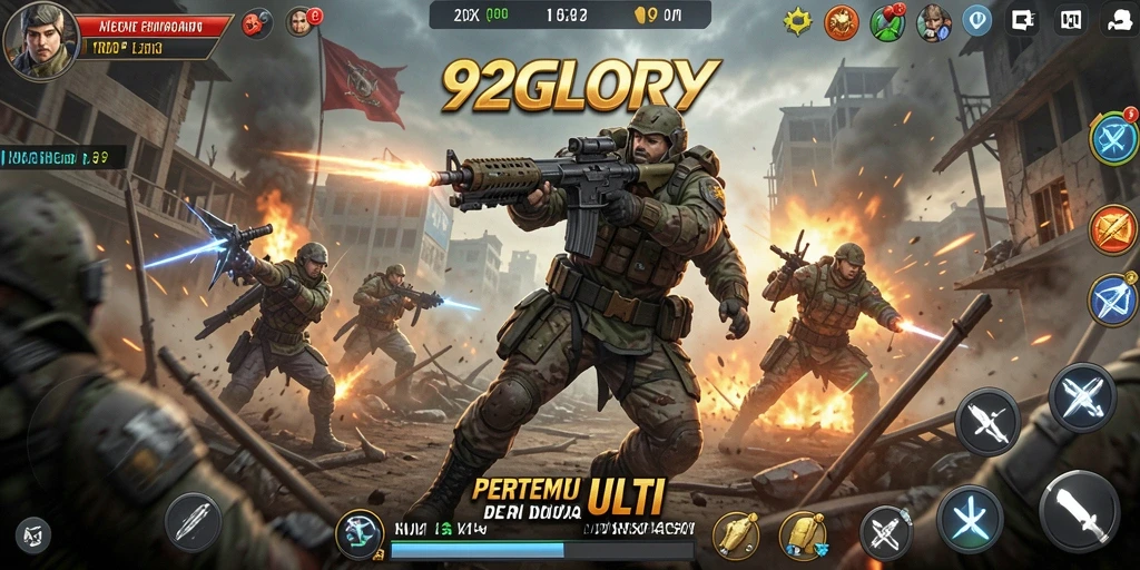 Screenshot utama 92GLORY menampilkan aksi pertempuran yang seru dan mendebarkan.