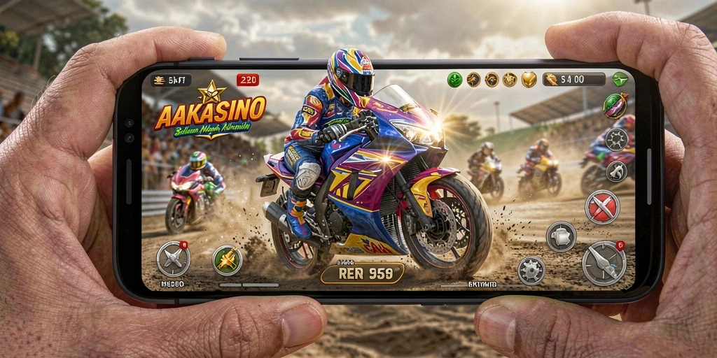 Tampilan mendebarkan gameplay AAKASINO dalam balapan motor yang cepat.