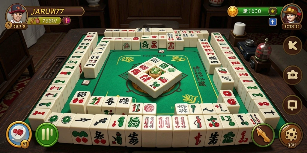 Tampilan permainan Mahjong dalam JARUM77 yang seru dan menantang.