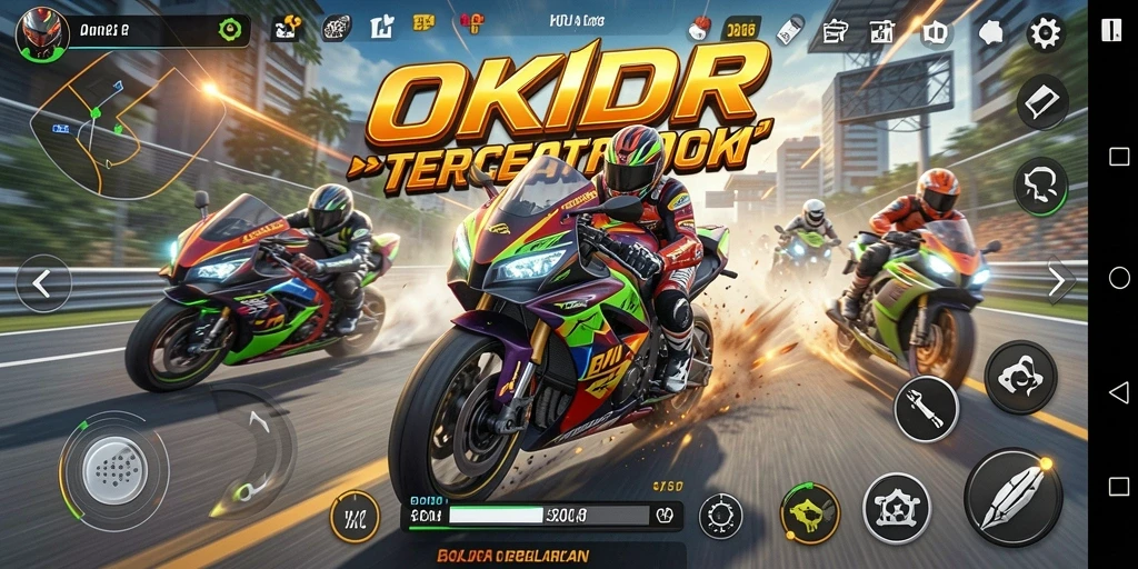 Tampilan gameplay seru di OKIDR dengan balapan motor mendebarkan.