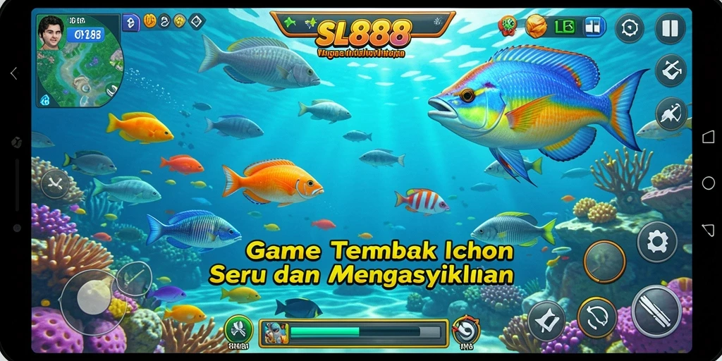 Screenshot SL888 menampilkan gameplay seru dengan ikan berwarna-warni.